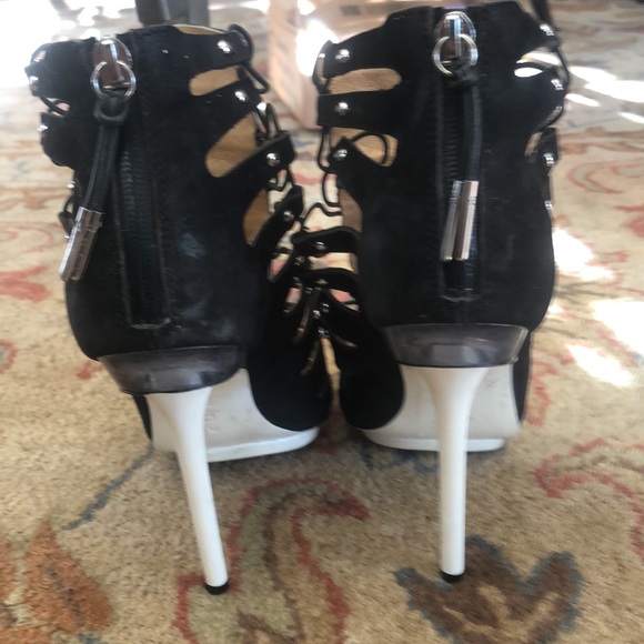 NWOT L.A.M.B. By Gwen Stefani black suede w elastic cords open toe pump sandal - Picture 4 of 12